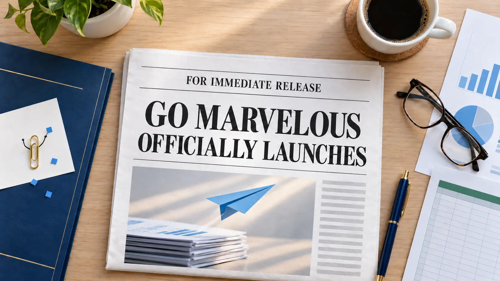 Newspaper announcing the official launch of Go Marvelous, surrounded by professional office materials