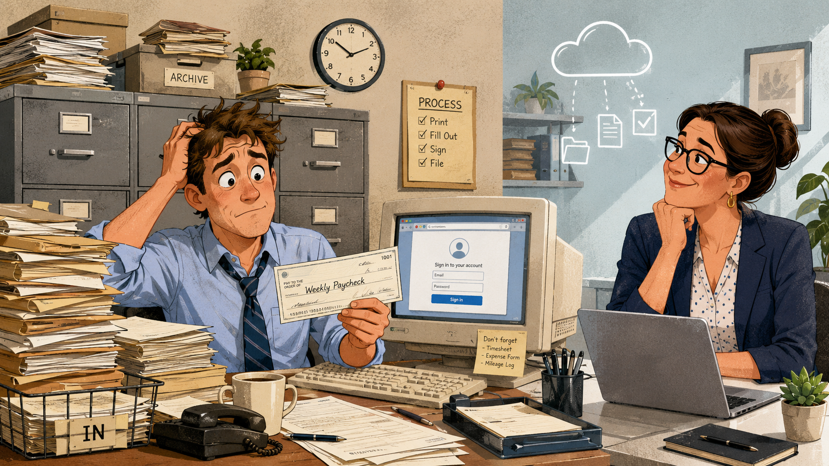 Illustration contrasting a paper-heavy old-fashioned office with a modern digital workspace