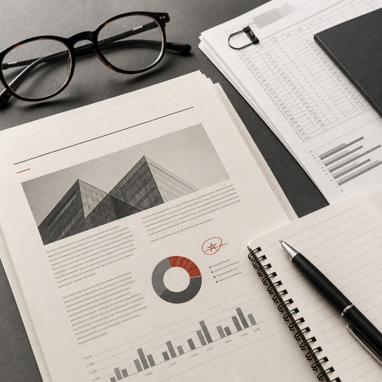Professional documents, spreadsheet reports, glasses, notebook, and pen arranged on a desk
